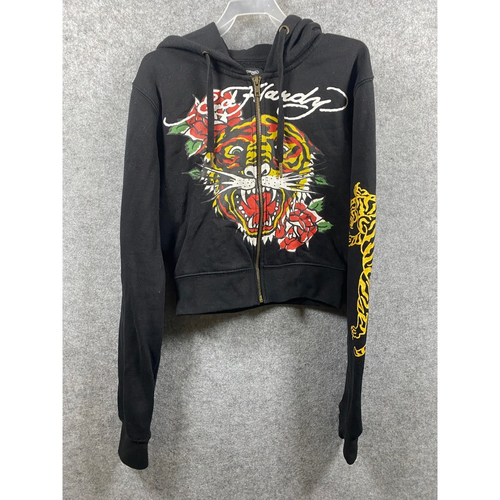 Ed Hardy Womens Tiger Rose Graphic Cropped Zip Up Hoodie Black Small